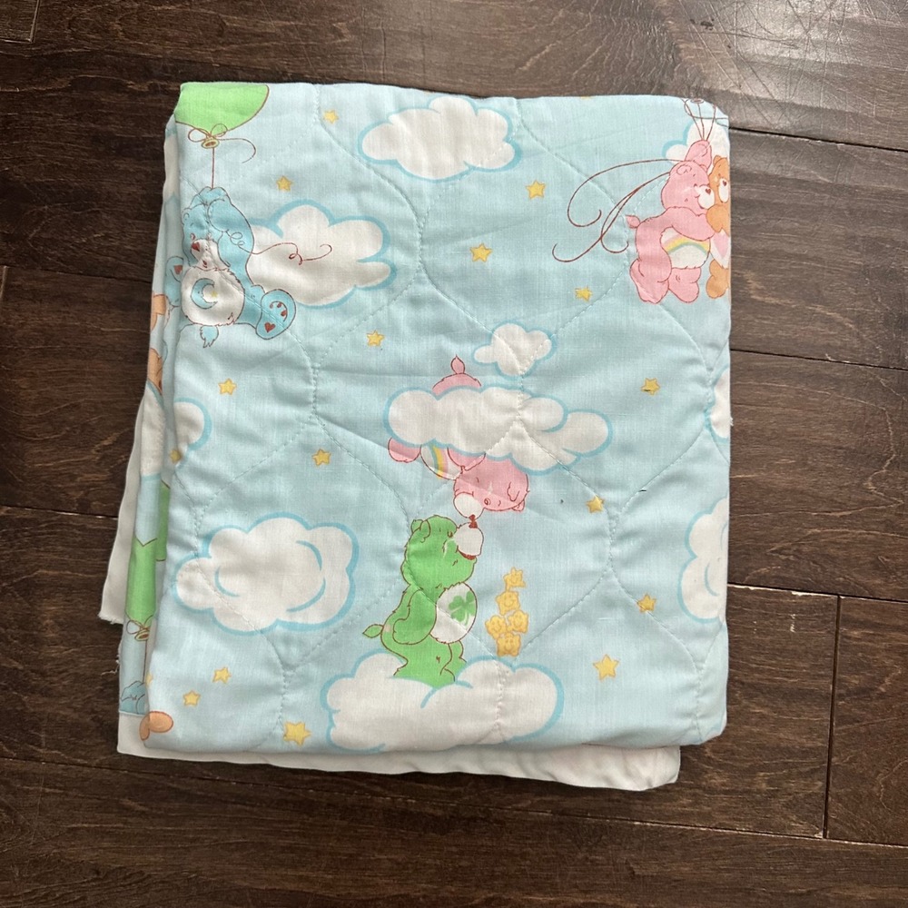 Vintage Care Bears Quilted Baby Blanket Blue Cloud Print 48x44 80s Nostalgia